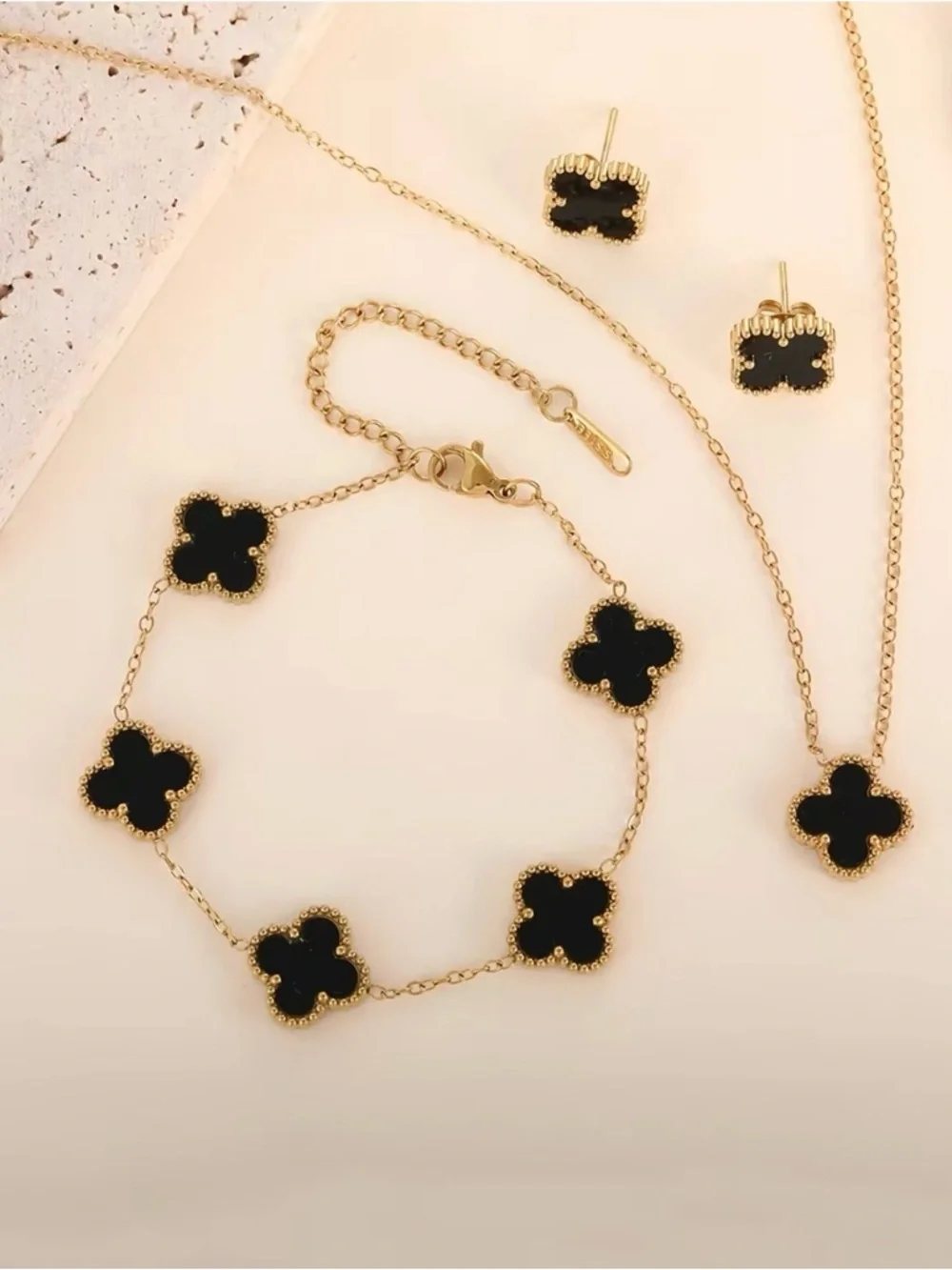 Gold and Black Clover Pendant Necklace, Bracelet & Stud Earring Set - Picture 1 of 4